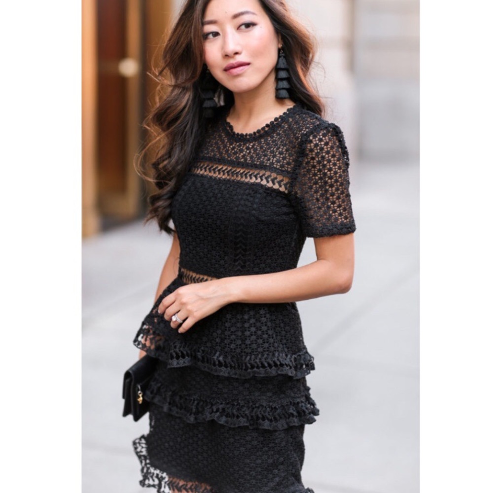 NEW Aqua Ruffle Lace Tiered Black Dress